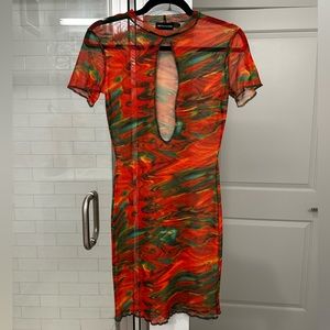 PLT ‘Orange Marble Print Sheer Mesh Keyhole Detail Short Sleeve Mini Dress’